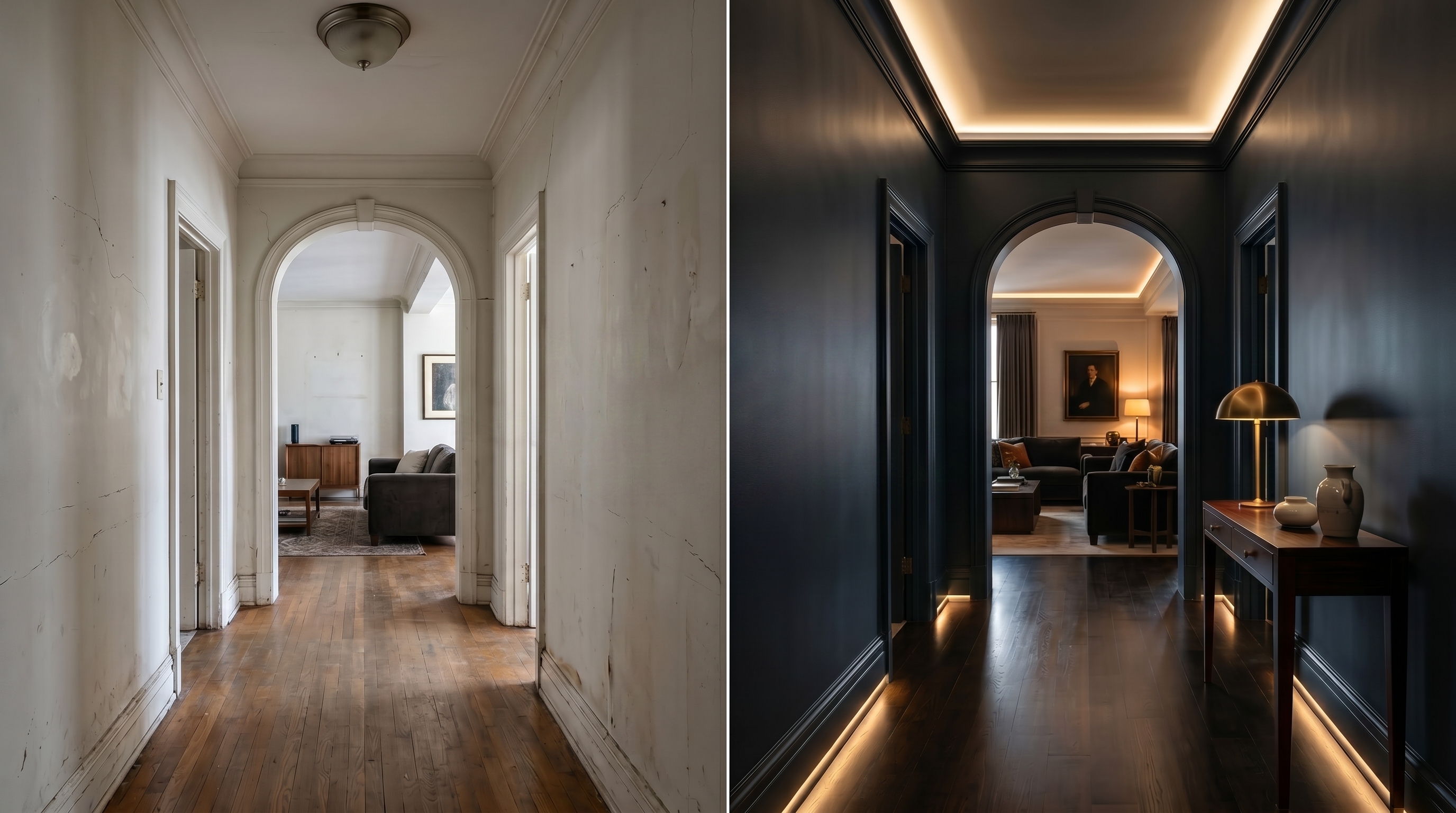 Antes e depois — corredor residencial com paredes recuperadas
